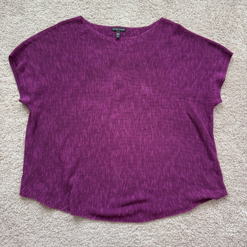 Eileen Fisher Organic Linen Cotton Blend Boxy Knit Top Purple Magenta Large